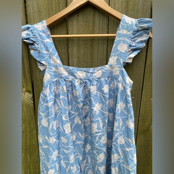A New Day Blue Floral Print Maxi Dress Ruffle Sleeves Pockets Small Linen - Picture 5 of 10